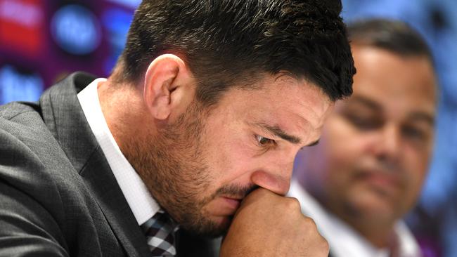 Brisbane Broncos player Matt Gillett reacts as he announces his retirement. Picture: AAP Image/Dan Peled