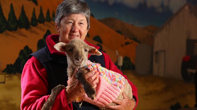 Beef producer Nola Bruton, who has knitted jumpers for lambs who lost their mothers in the drought. Picture: Tait Schmaal