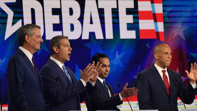 Democratic presidential hopefuls (from left) Mayor of New York City Bill de Blasio, US Representative for Ohio's 13th congressional district Tim Ryan, Former US Secretary of Housing and Urban Development Julian Castro and US Senator from New Jersey Cory Booker. Picture: Jim Watson/AFP