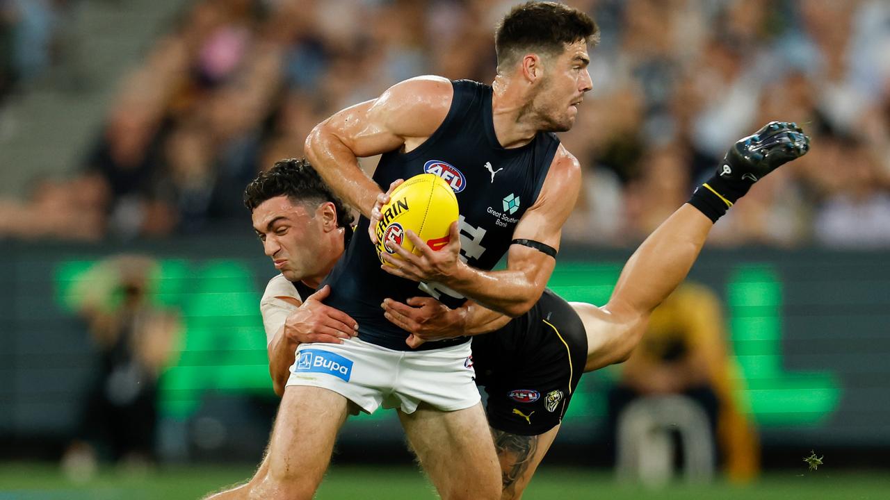 A hand injury suffered in the draw against the Tigers could keep George Hewett out for a second consecutive game. Picture: Michael Willson / Getty Images