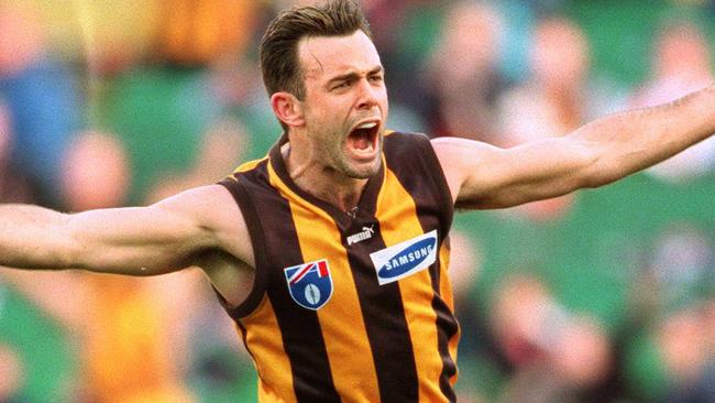 19/06/1999. Hawthorn v St Kilda at Waverley. Hawthorn's Daniel Harford celebrates another goal.