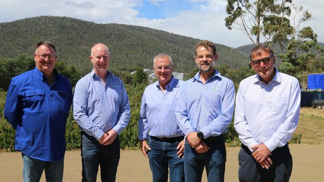 4th generation orchardist Nic Hansen, General manager Boyer Mill Norske Skog Patrick Dooley, CEO Fruit growers Tasmania Peter Cornish, commercial and development manager at Boyer Mill Norske Skog Michael Landman and chair of Tasmanian Chamber of Commerce and Industry Wayne Davy. Picture: Elise Kaine