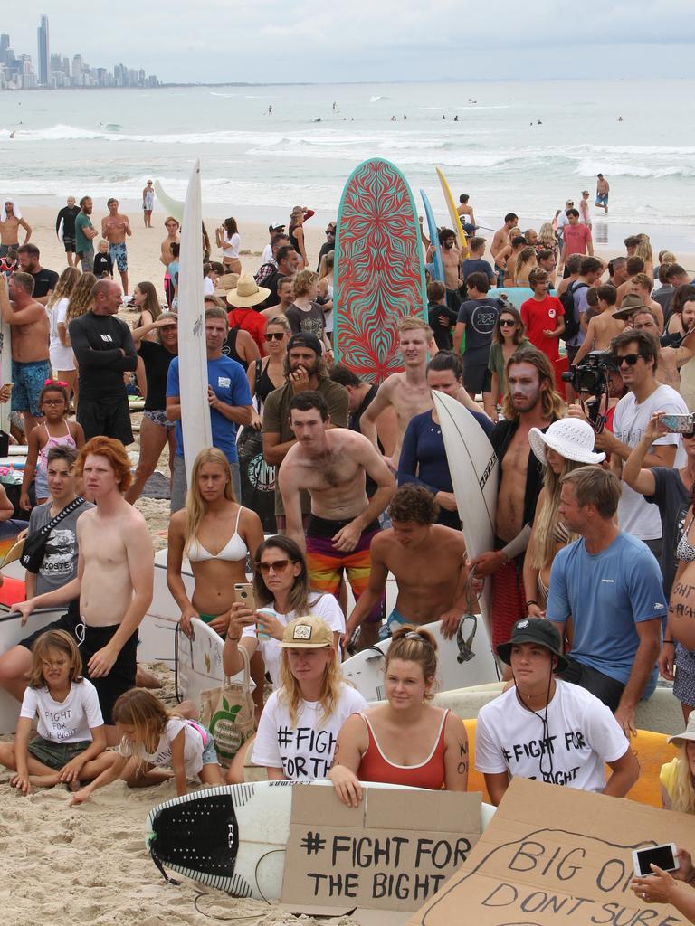 Protest at Burleigh against an oil company drilling in the Great Australian Bight. Pic Mike Batterham.