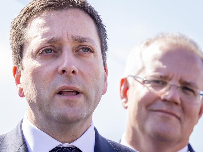 Victorian Opposition Leader Matthew Guy (left) announces plans for 1600 more carpark spaces across Melbourne as Prime Minister Scott Morrison looks on in Frankston. Picture: AAP