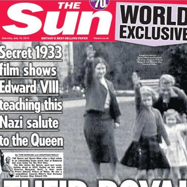 Queen Elizabeth seen giving a Nazi salute in 1933 footage, as shown on the front page of The Sun back in 2015. Picture: The Sun