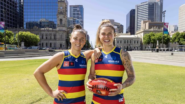 31st October, 2023: Crows AFLW players Ebony Marinoff and Anne Hatchard in Victoria Square ahead of AFL finalsPicture by Kelly Barnes