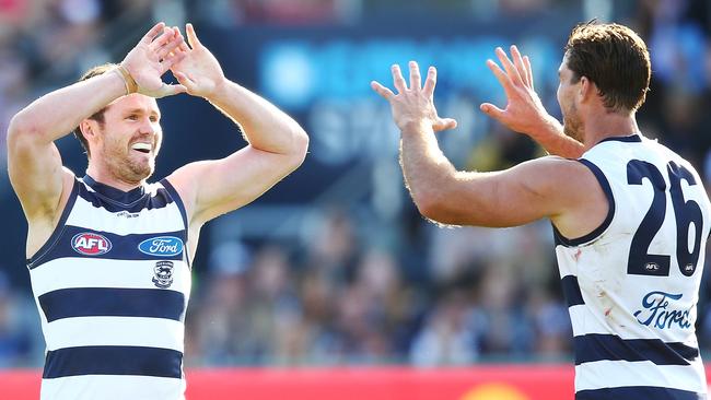 Patrick Dangerfield says he’d be annoyed if he was Tom Hawkins. Pic: Getty Images