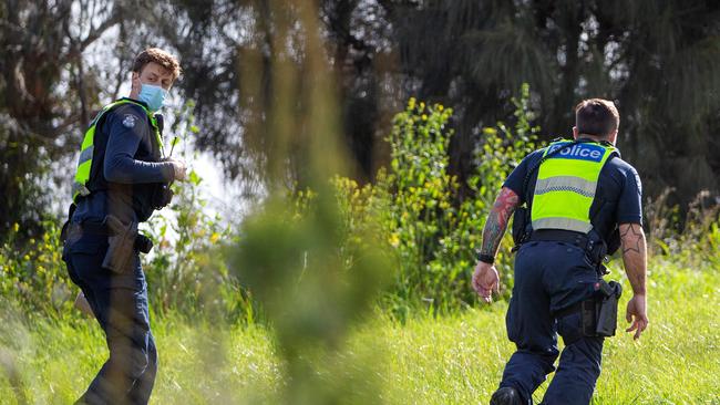 Police investigate the scene on September 3, where they found Evangelou’s phone. Picture: Mark Stewart