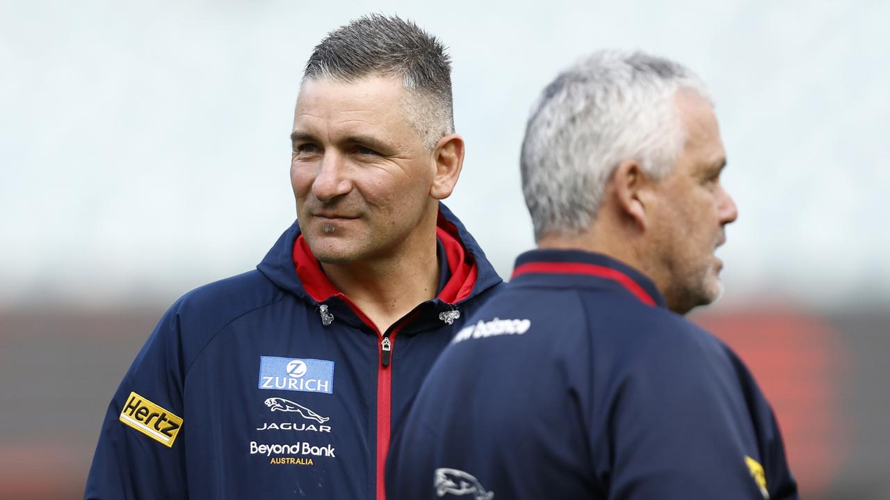 Melbourne assistant coach Adem Yze (left) will present for the GWS job. Picture: Darrian Traynor/AFL Photos/Getty Images