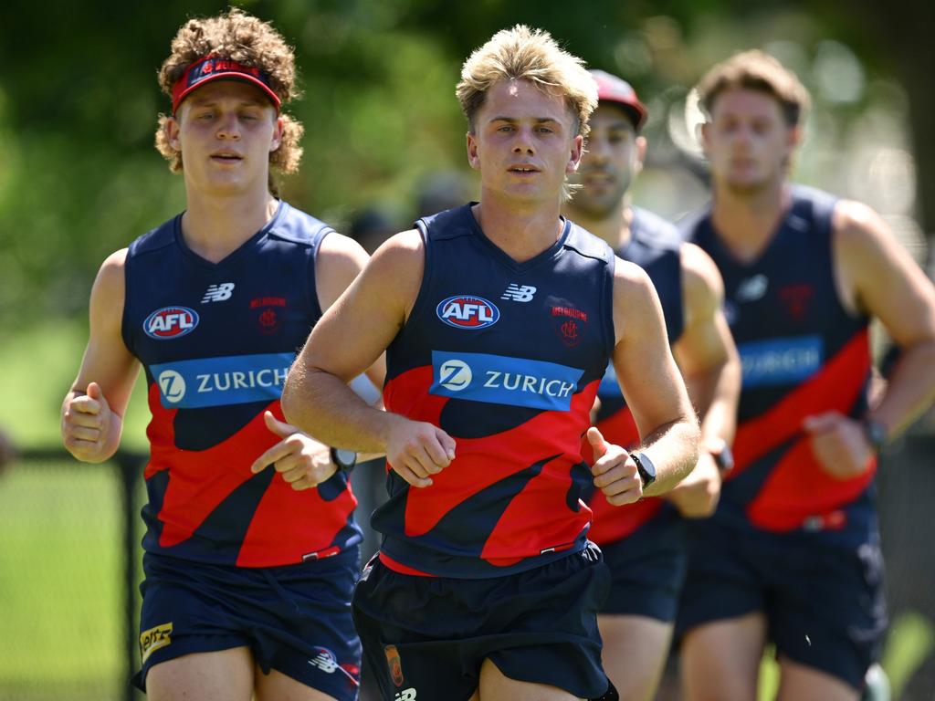 Harry Sharp his leads his new teammates during a pre-season session. Picture: Quinn Rooney/Getty Images