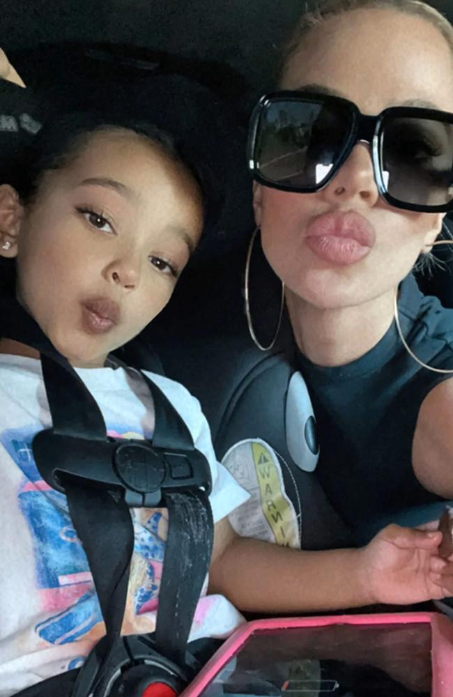 It appears a filter has made Chicago West, 4, look as if she is wearing makeup – with rapper dad Kanye slamming the images. Picture: Instagram/KhloeKardashian