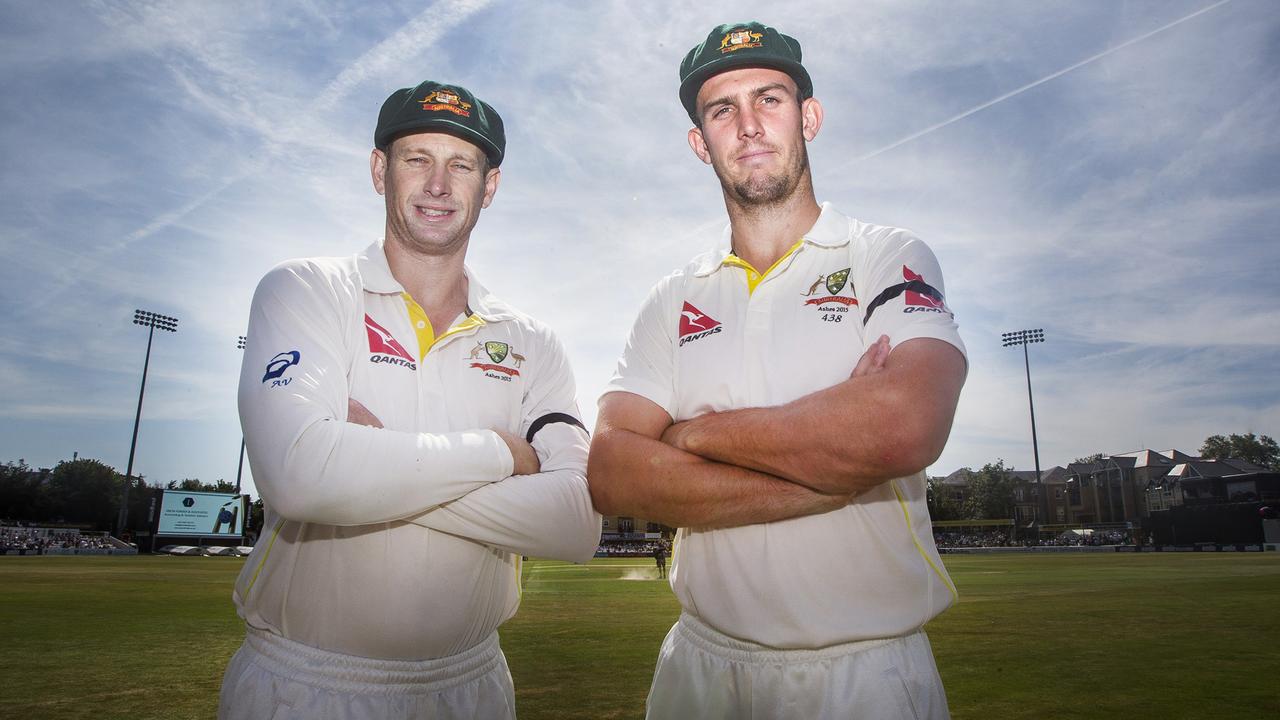 CHELMSFORD, ENGLAND - JUlY 03: Adam Voges and Mitchell Marsh of Australia pose for a photo during day three of the tour match between Essex and Australia at The Ford County Ground on July 03, 2015 in Chelmsford, England. (Photo by Charlie Crowhurst/Getty Images) *** Local Caption *** Adam Voges; Mitchell Marsh. The black armbands being worn by the players are in tribute to Adelaide Crows Coach Phil Walsh who was murdered on Friday.