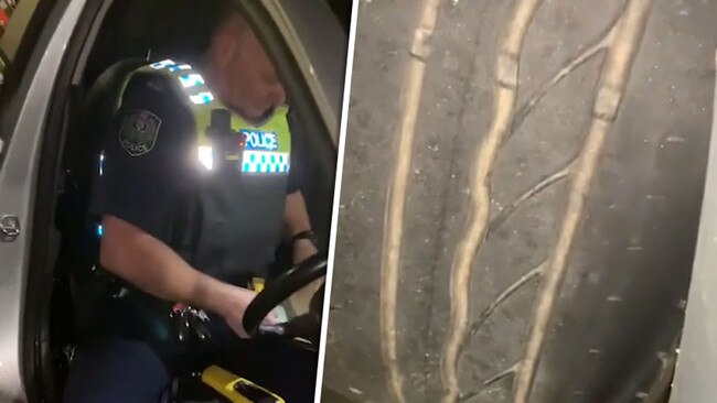 The rider filmed the SA Police officer as he claimed his front tyre was bald. Picture: TikTok/Theo Glibo