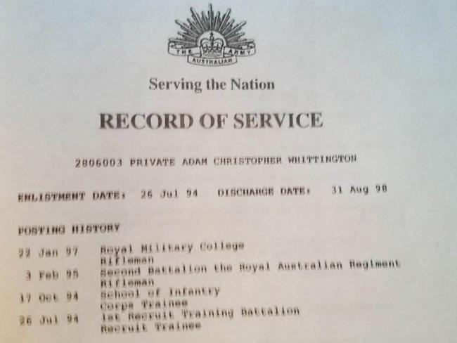 A photo of the service records of Adam Whittington. Picture: Supplied