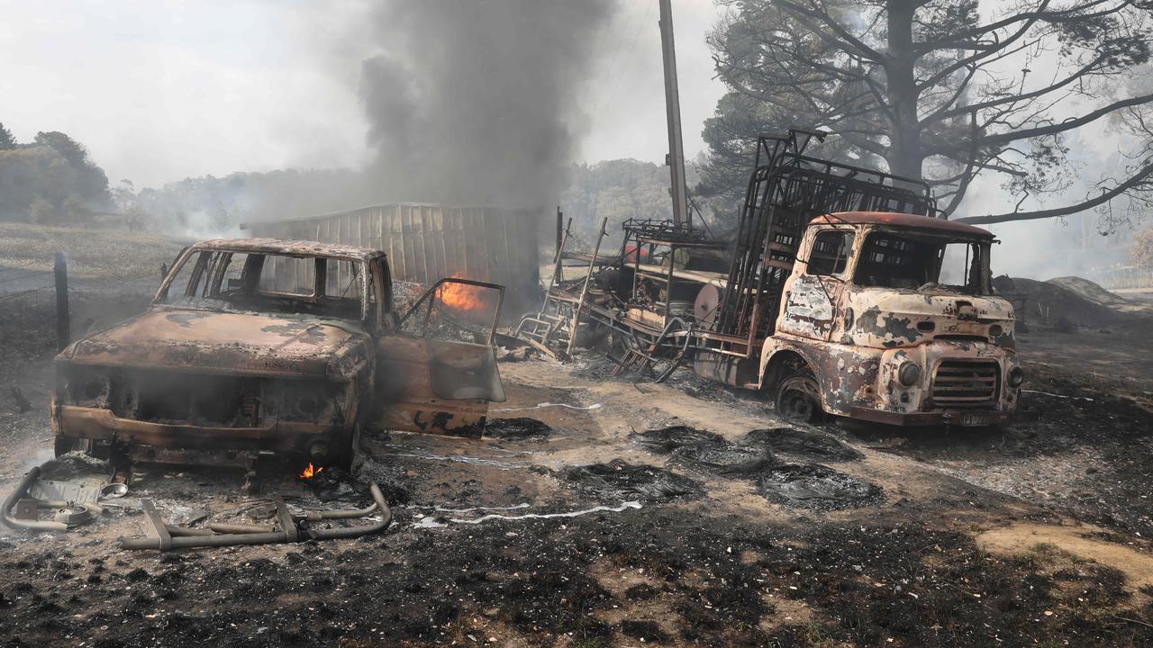 Burnt land and vehicles near Lenswood in the Adelaide Hills on December 20, 2019. Picture: Dean Martin