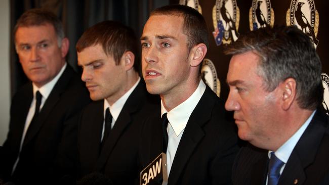 Geoff Walsh, Heath Shaw, Nick Maxwell and McGuire front the media after the betting scandal.