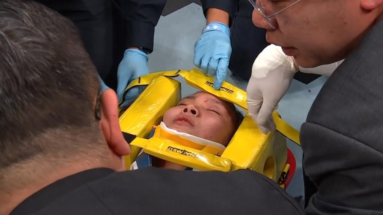 Feng was taken to hospital in a neck brace. Photo: Fox Sports