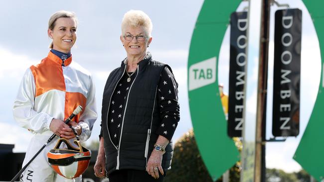 Pam O'Neill (right) pictured recently at Doomben with Queensland apprentice jockey Wendy Peel. Picture: Tara Croser