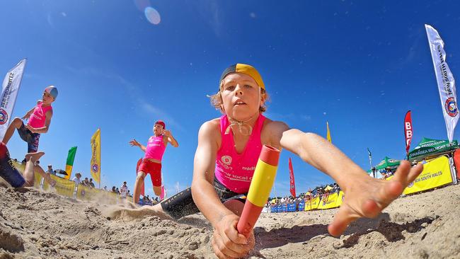 North Steyne’s Felix Stephens in action during the heats of the under-9 Male Flags event at the NSW Surf Life Saving Championships at Blacksmiths Beach on Friday, 28 February, 2020. Picture: Troy Snook