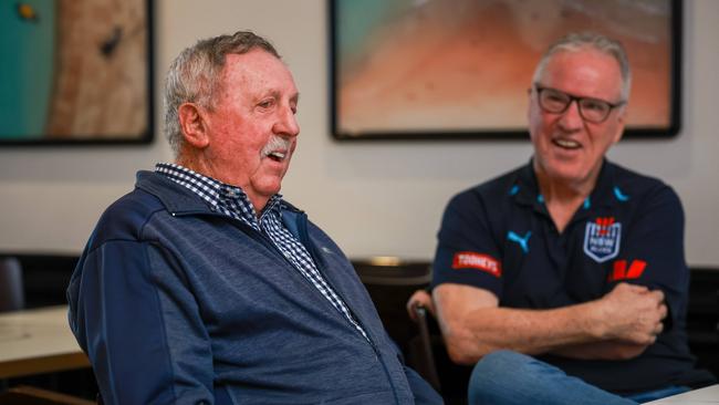 Legendary rugby league coach Warren Ryan pictured with Paul Langmack at the Hotel Maroubra. Picture: Justin Lloyd.