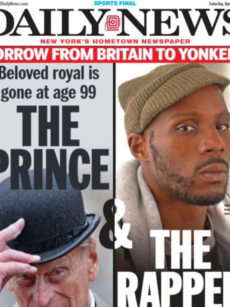 Prince Philip and the death of rapper DMX reported on the front page of the New York Daily News. Picture: Supplied