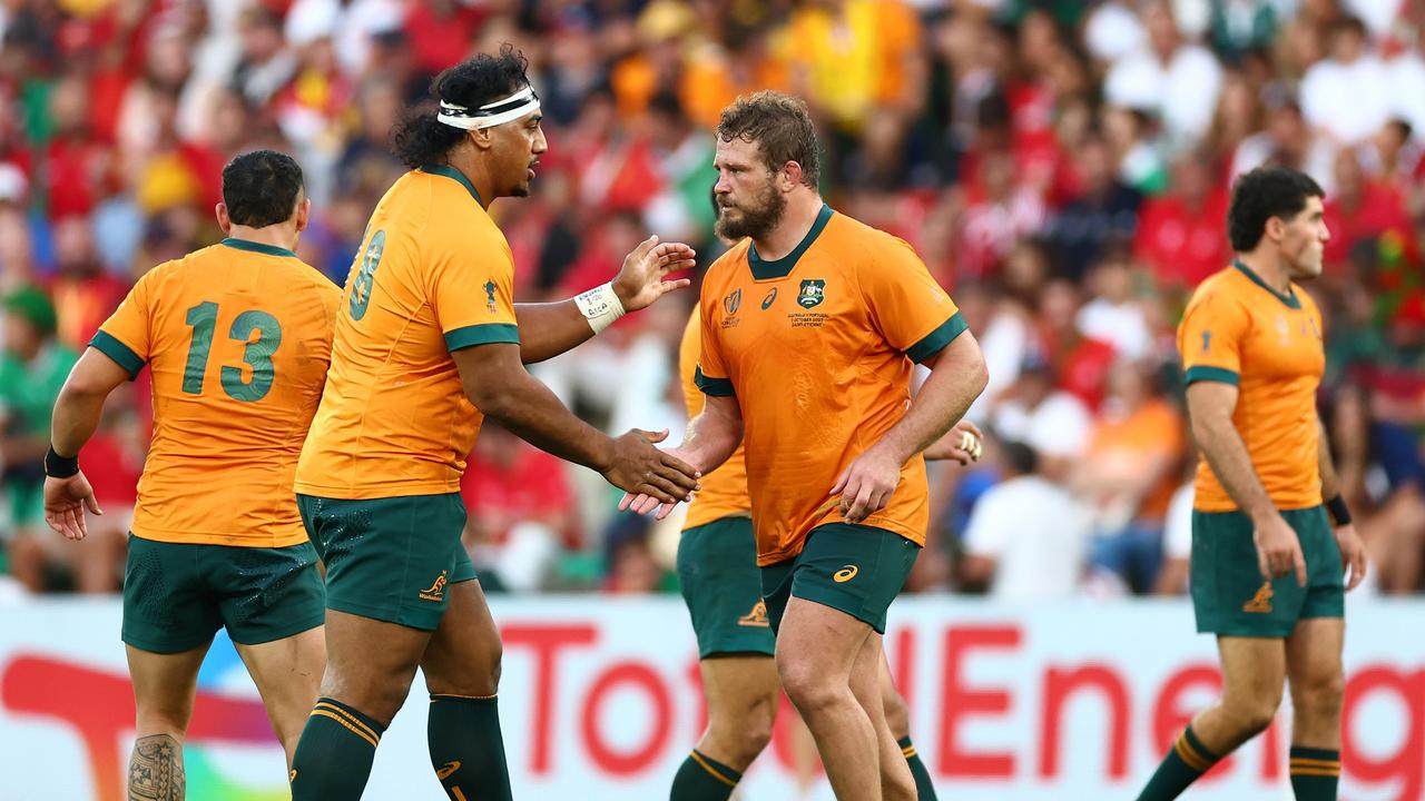 James Slipper (right) broke the Wallabies record for the most games at a World Cup. (Photo by Chris Hyde/Getty Images)