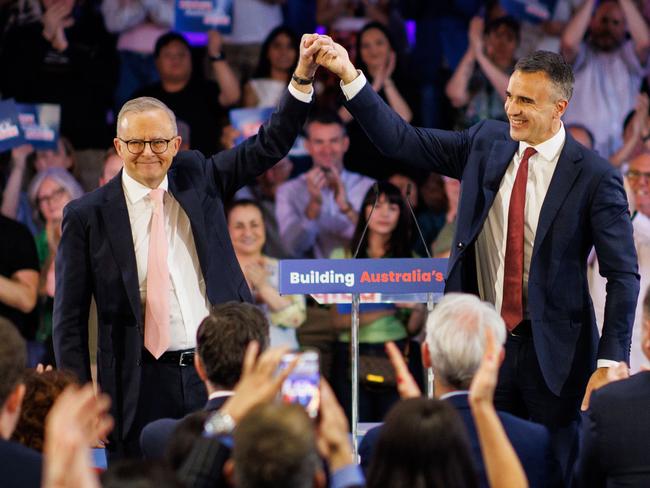 Prime Minister Anthony Albanese at a campaign rally with South Australian Premier Peter Malinauskas in Adelaide. Picture Matt Turner.