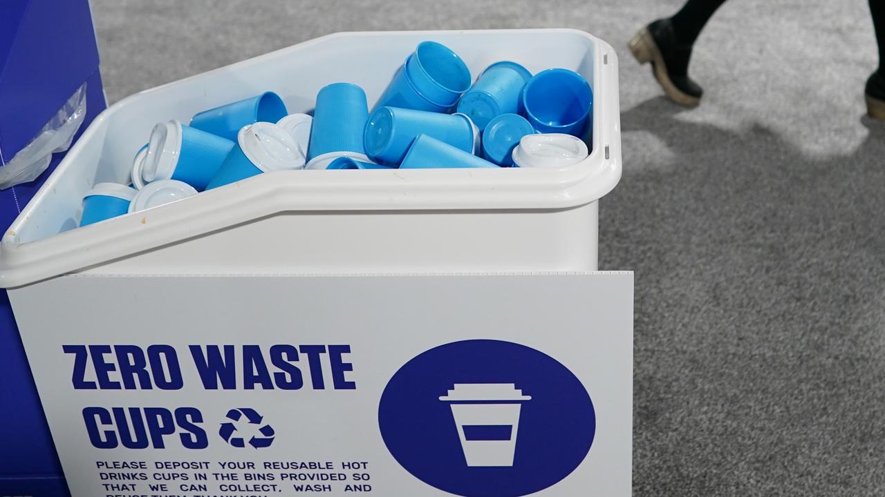 A bin for reusable cups stands full on day one of the COP 26 United Nations Climate Change Conference on October 31, 2021 in Glasgow, Scotland. Picture: Ian Forsyth/Getty Images