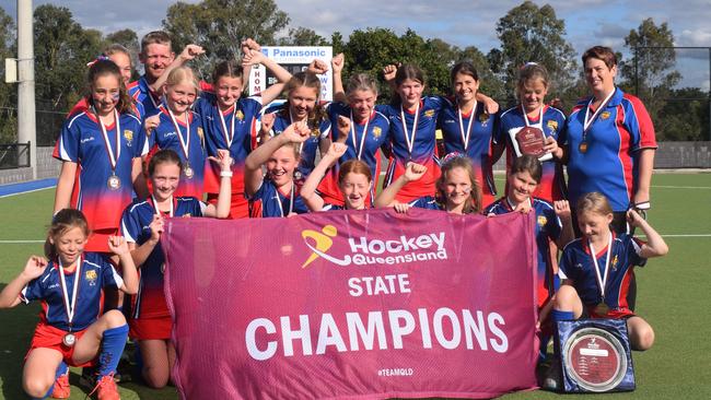 2021 Under 13 Girls State Championships – Division 3 winners Warwick (no order): Scarlett Whips, Georgia Lee (GK), Charlie Elborne, Emily Robinson (captain), Astrid Muniandy, Emalee Sakrewski, Lauren Ryan (GK), Sibella Collins, Tilly McCabe, Harper Liddy, Celeste Hargrave, Sienna Day, Alexia Lee, Bonnie Petersen, Isla Walker, Aaron Lee (coach), Karen Petersen (manager). Pictures: Josh Preston