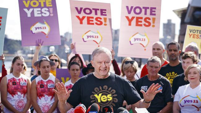 Prime Minister Anthony Albanese holds a press conference for The Voice referendum at the Sydney Opera House. Picture: Sam Ruttyn