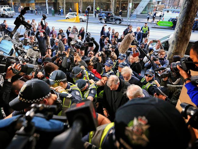 Cardinal George Pell outside Melbourne Magistrates’ Court at the start of the month long committal hearing. Picture: Mark Stewart