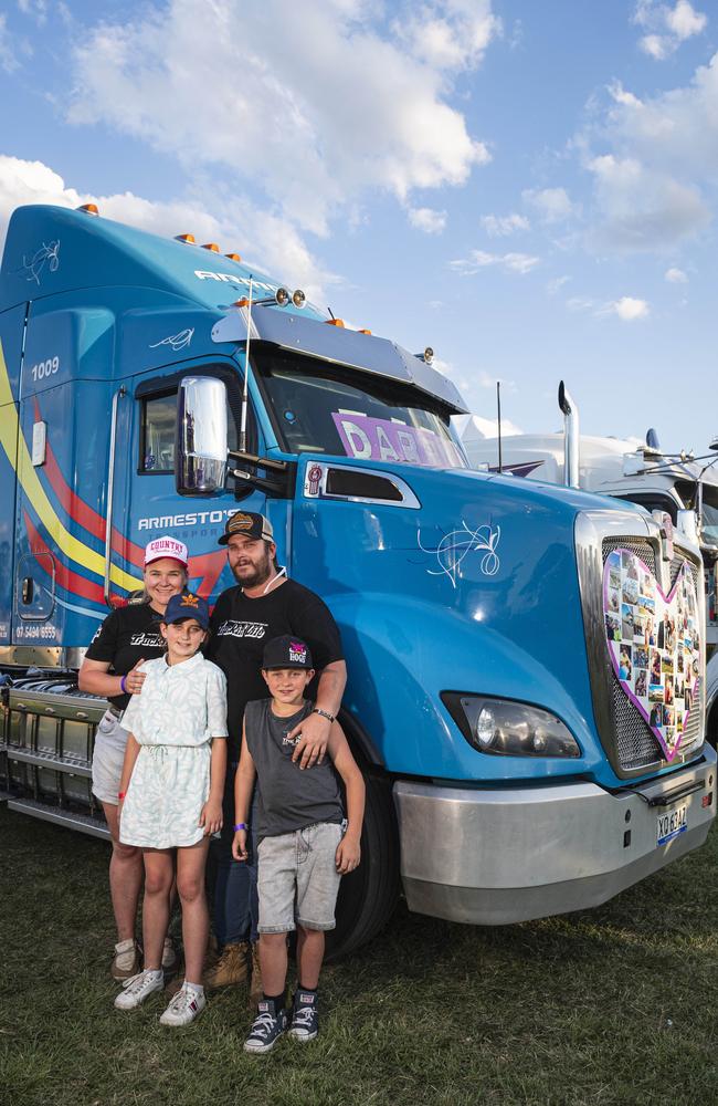 Alexis and Cam Vines with their kids Brittani and Brad stand with their rig at Lights on the Hill Trucking Memorial at Gatton Showgrounds, Saturday, October 5, 2024. Picture: Kevin Farmer