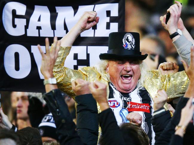 MELBOURNE, VICTORIA - SEPTEMBER 21:  Magpies cheersquad legend Joffa Corfe celebrates a goal during the AFL Preliminary Final match between the Richmond Tigers and the Collingwood Magpies on September 21, 2018 in Melbourne, Australia.  (Photo by Michael Dodge/AFL Media/Getty Images)