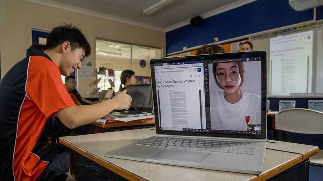 Students at Saint Stephens College are live streaming into their classes as part of coronavirus quarantine measures. Student Zarita Li streaming into the classroom. Picture: Jerad Williams.