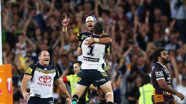 Johnathan Thurston produced one of the most memorable grand final moments when he kicked a field goal to help the Cowboys beat Brisbane in golden point in 2015. Picture: Phil Hillyard