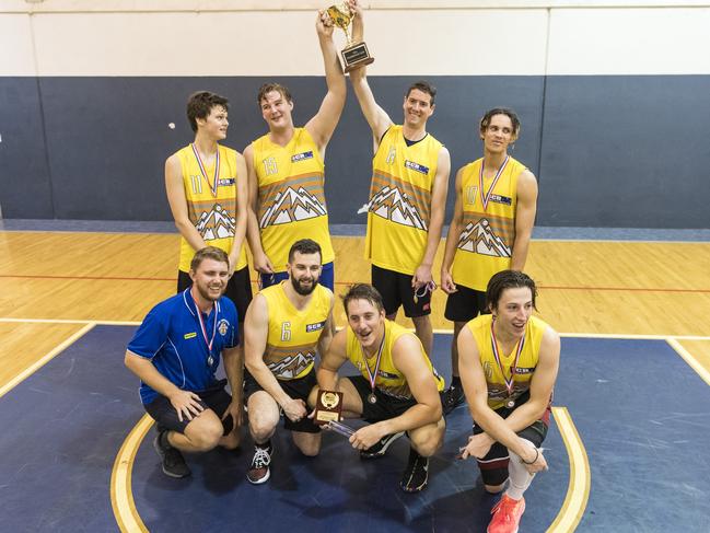 Southern Cross Bricklaying Eels celebrate winning the Toowoomba Basketball League grand final against Westridge Fruit and Veg Warriors. Picture: Kevin Farmer