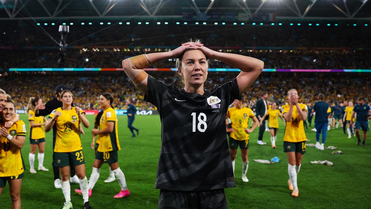 Mackenzie Arnold after Australia’s quarter-final win. Photo by Elsa - FIFA/FIFA via Getty Images.