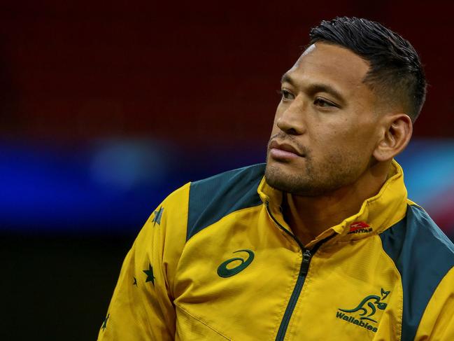 (FILES) In this file photo taken on November 9, 2018, Australia's wing Israel Folau attends the captain's run training session at the Principality stadium in Cardiff, south Wales, on the eve of their autumn international rugby union match against Wales. - Folau and Rugby Australia look headed for a long and costly court battle over his sacking for homophobic comments after last-ditch conciliation talks collapsed on June 28, 2019. (Photo by GEOFF CADDICK / AFP) / RESTRICTED TO EDITORIAL USE -use in books subject to Welsh Rugby Union (WRU) approval