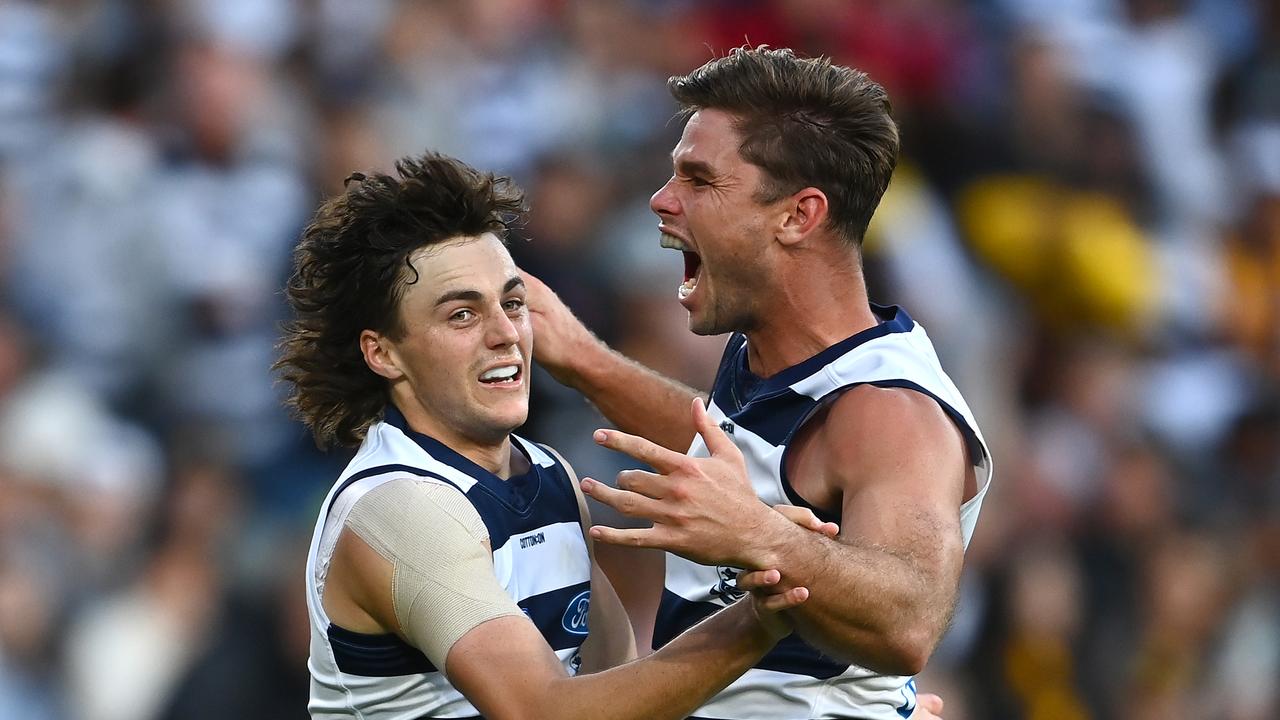 Hawkins handballed over the top to Jordan Clark who did the rest in the dying minutes. Picture: Getty Images