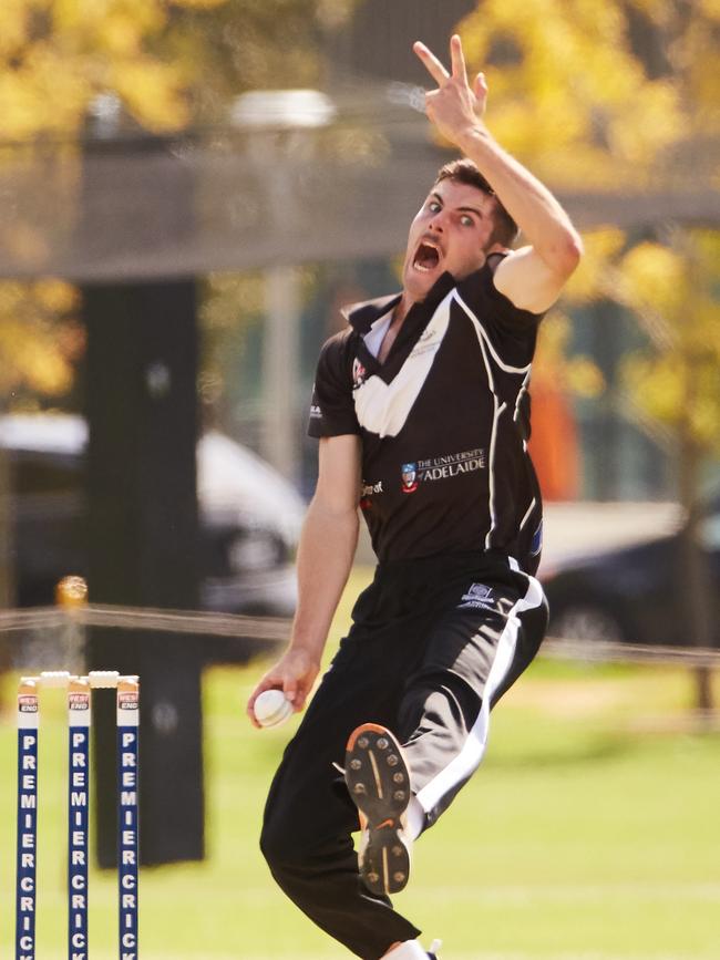 Adelaide University’s Luke Crocker, pictured bowling, found himself taking guard at the death on Saturday. Picture: Matt Loxton