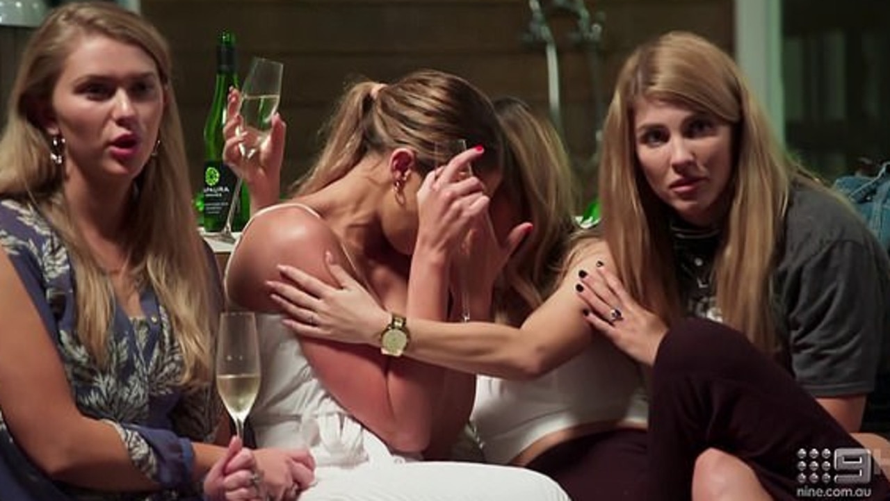 Visibly shaken and in tears, Bec was comforted by fellow ‘wives’ after Bryce’s unwelcome kiss. Picture: Channel 9