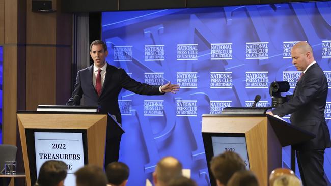 Shadow Treasurer Jim Chalmers debates Treasurer Josh Frydenberg in Canberra at the National Press Club. Picture: Twitter / @JEChalmers