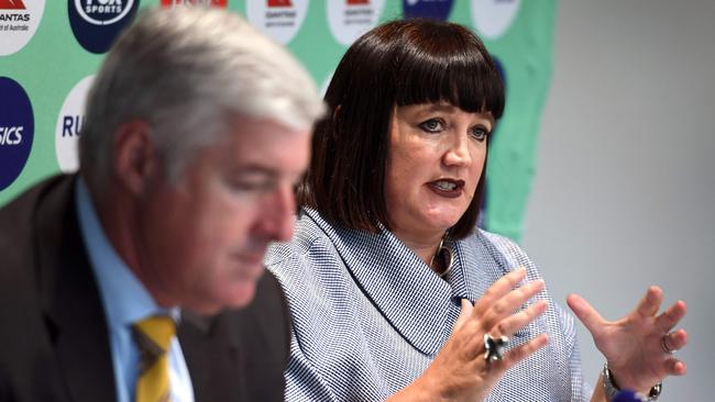 Rugby Australia chief executive Raelene Castle and chairman Cameron Clyne. Picture: AFP