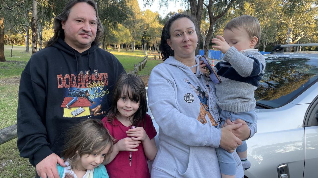 Yagoona mum Kyra Fletcher and her brother-in-law Phillip Degnan at Parramatta Park. She is with her three children Evie Degnan, 7, Rhiannon Degnan, 4, and baby JJ, one.