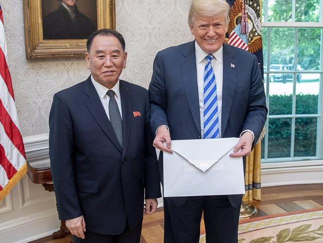Kim Yong Chol gives and Donald Trump a letter from Kim Jong-un. Picture: White House
