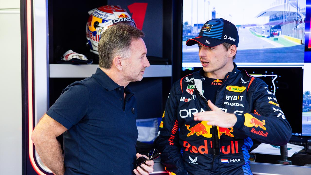 Max Verstappen of the Netherlands and Oracle Red Bull Racing talks with Red Bull Racing Team Principal Christian Horner. (Photo by Mark Thompson/Getty Images)