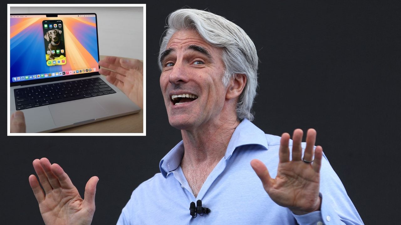 Apple’s senior vice president of Software Engineering Craig Federighi at WWDC 2024. Picture: AFP