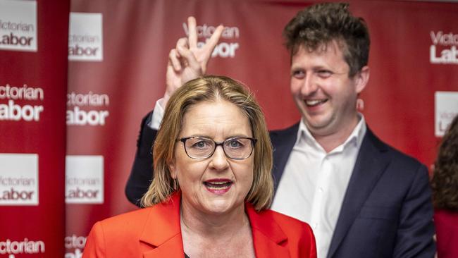 Werribee By-election Labor after/election party at Centrals Cricket Club, Galvin Park. Premier Jacinta Allen and John Lister arrive to the venue. Picture: Jake Nowakowski