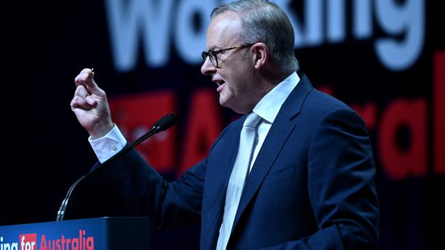 Anthony Albanese addresses the ALP National Conference. Picture: Dan Peled / NCA NewsWire