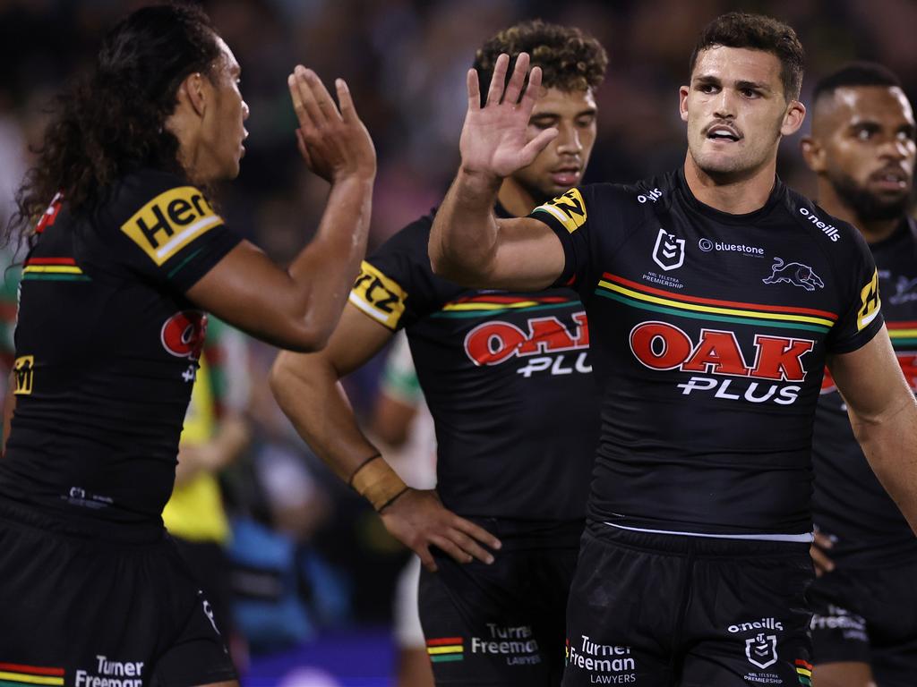 Dylan Edwards of the Panthers warms up before the NRL Round 7 match between  the Newcastle Knights and the Penrith Panthers at McDonald Jones Stadium in  Newcastle, Saturday, April 15, 2023. (AAP